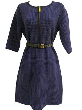 WooL Vintage Luisa Spagnoli Italy Navy Plaid Dress Half Sleeves Exposed Zipper M